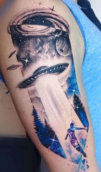 Color + Watercolor ufo tattoo on Upper Arm by oliva on TattMe