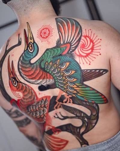 Illustrative + Color birds tattoo on Upper Back by sexy_tatts on TattMe
