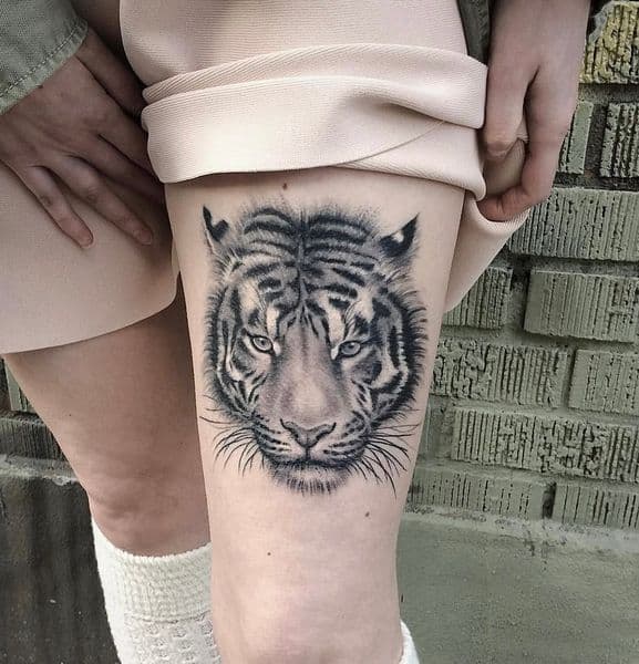 Black & Grey + Realism tiger tattoo on Thigh by Bang_Bang_Tattoo on TattMe