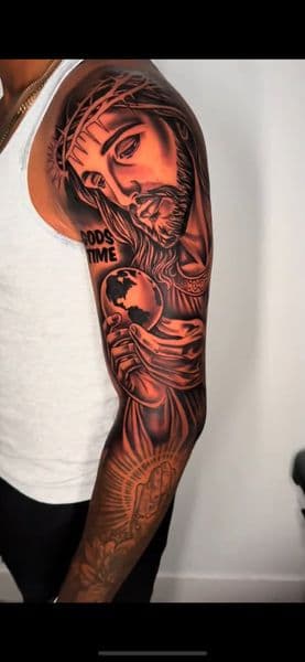 Black & Grey + Realism jesus tattoo on Full Sleeve by Insane_Ink_Studio_ on TattMe