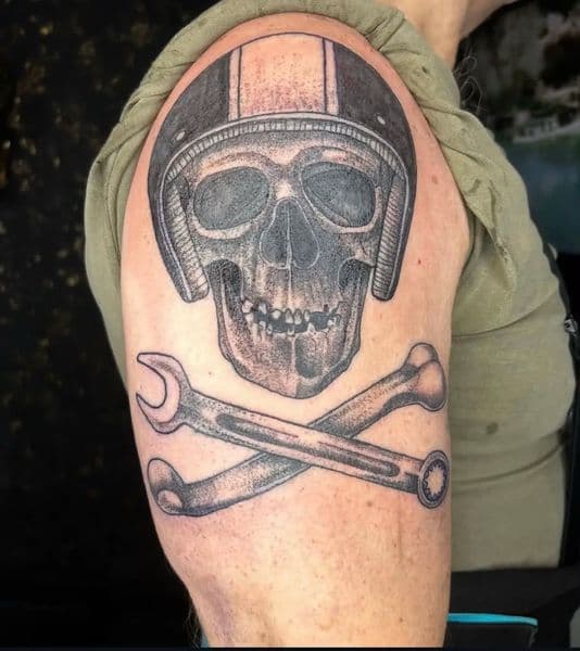 Black & Grey + Dot-work skull tattoo on Upper Arm by Insane_Ink_Studio_ on TattMe