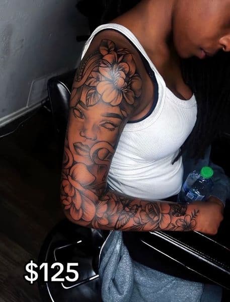 Black & Grey + Floral woman tattoo on Full Sleeve by inkbyman_ on TattMe