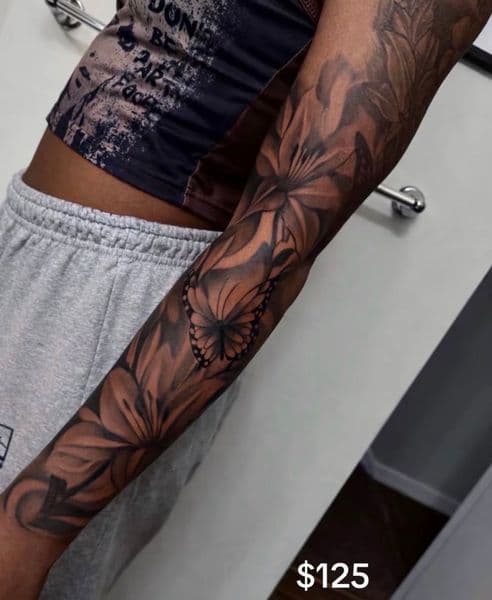 Black & Grey + Floral butterfly tattoo on Full Sleeve by inkbyman_ on TattMe