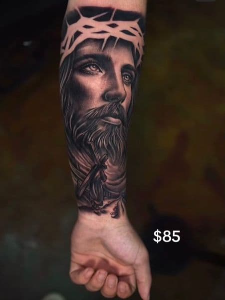 Realism + Black & Grey jesus tattoo on Forearm by inkbyman_ on TattMe