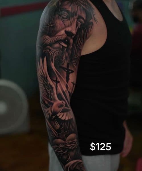 Black & Grey + Realism jesus tattoo on Full Sleeve by inkbyman_ on TattMe