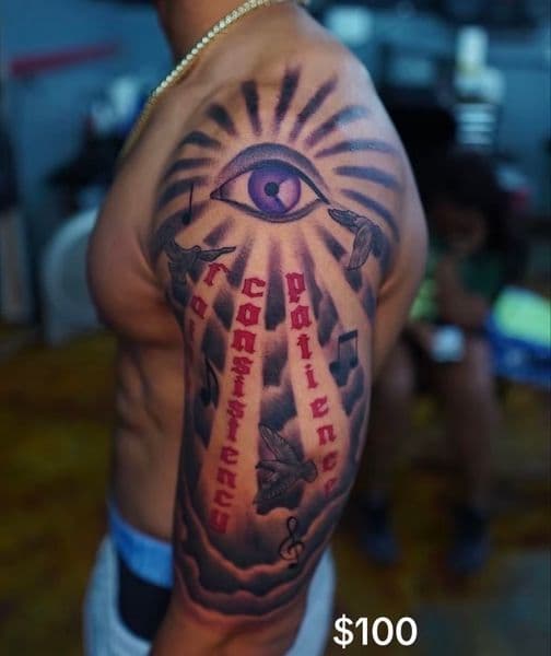 Black & Grey + Illustrative eye tattoo on Upper Arm by inkbyman_ on TattMe