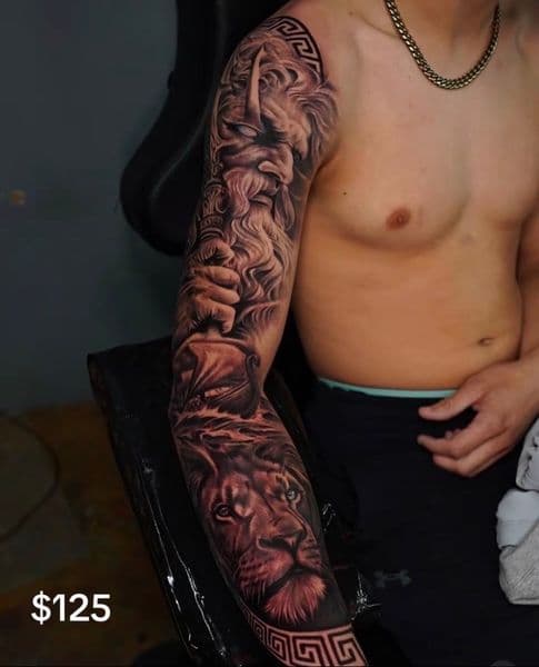 Black & Grey + Realism mythology tattoo on Full Sleeve by inkbyman_ on TattMe