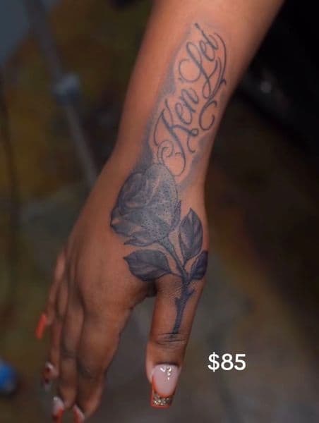 Black & Grey + Lettering rose tattoo on Hand by inkbyman_ on TattMe