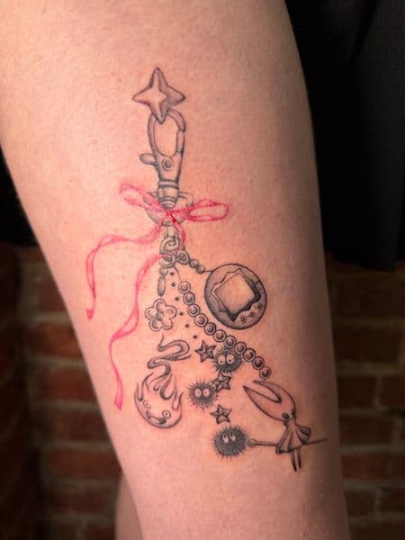 Fine Line + Black & Grey keychain tattoo on Thigh by Ana_Cloud on TattMe