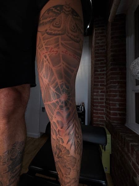 Black-work + Illustrative moth tattoo on Thigh by Ana_Cloud on TattMe