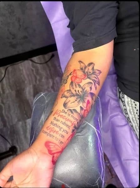 Floral + Lettering flowers tattoo on Forearm by InkByArtie_The_Brand on TattMe