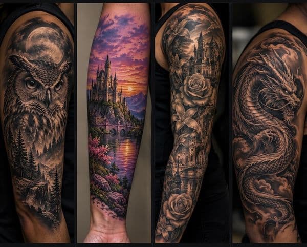 Realism + Black & Grey owl tattoo on Full Sleeve by InkByArtie_The_Brand on TattMe