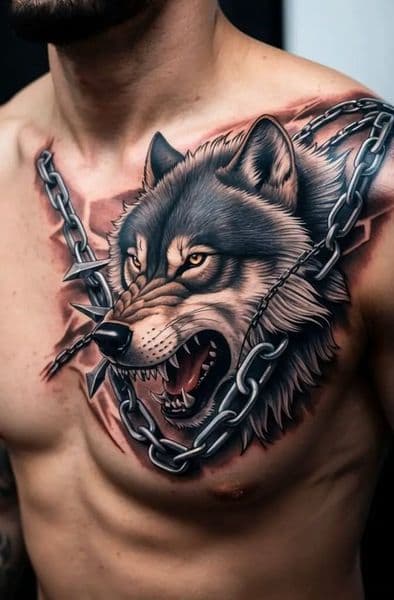 Realism + Black & Grey wolf tattoo on Chest by BaronArt_Tattoo_and_piercing_Studio on TattMe
