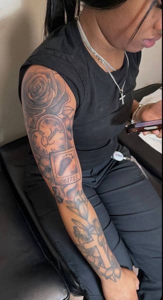 Black & Grey + Floral roses tattoo on Full Sleeve by sophie_art_studio on TattMe