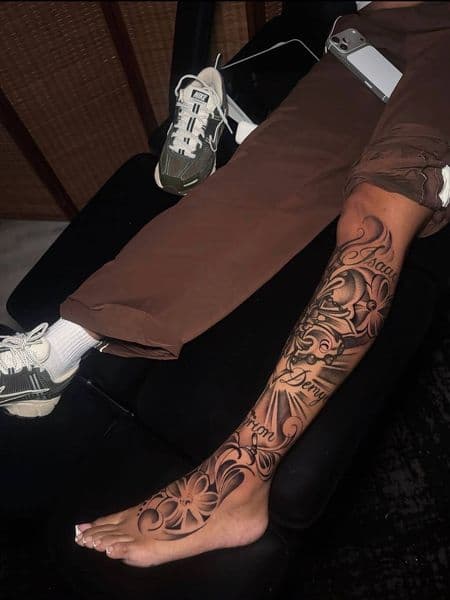 Black & Grey + Floral flowers tattoo on Calf by sophie_art_studio on TattMe