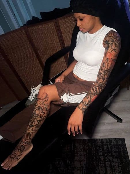 Black & Grey + Floral flowers tattoo on Full Sleeve by sophie_art_studio on TattMe