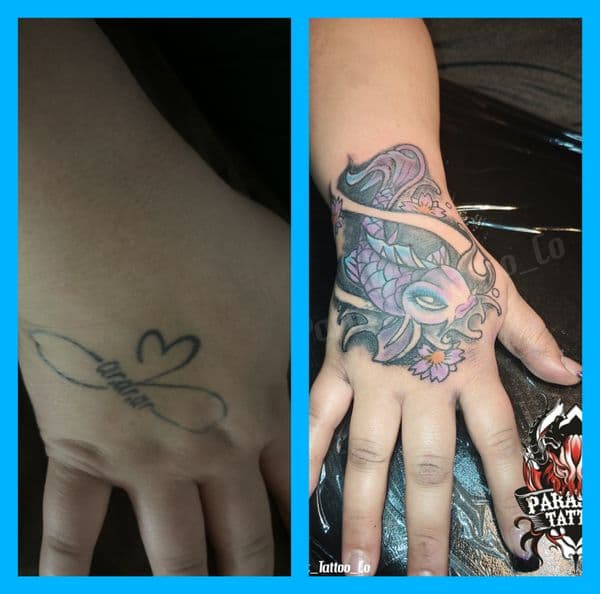 Japanese + Cover-Ups koi fish tattoo on Hand by Parasitic_Tattoo_Co. on TattMe