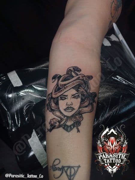 Black & Grey + Illustrative medusa tattoo on Forearm by Parasitic_Tattoo_Co. on TattMe