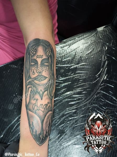 Black & Grey + Illustrative woman tattoo on Forearm by Parasitic_Tattoo_Co. on TattMe