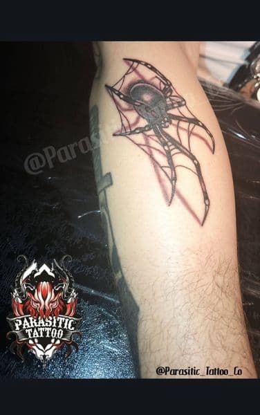 Black & Grey + Illustrative spider tattoo on Forearm by Parasitic_Tattoo_Co. on TattMe