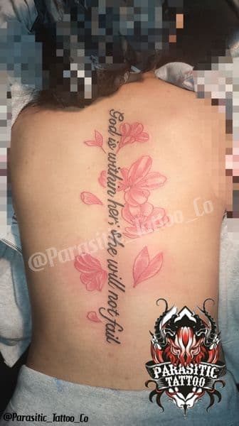 Script + Floral flowers tattoo on Spine by Parasitic_Tattoo_Co. on TattMe