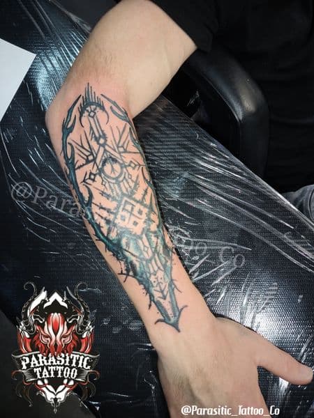 Abstract + Illustrative abstract tattoo on Forearm by Parasitic_Tattoo_Co. on TattMe