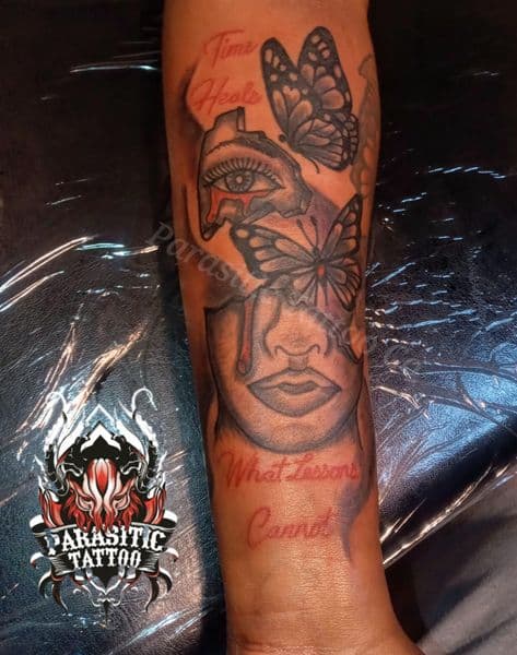Black & Grey + Illustrative eye tattoo on Forearm by Parasitic_Tattoo_Co. on TattMe