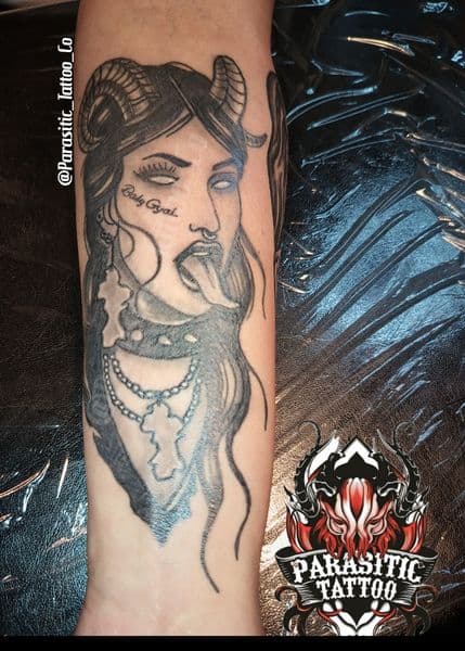 Black & Grey + Illustrative demoness tattoo on Forearm by Parasitic_Tattoo_Co. on TattMe