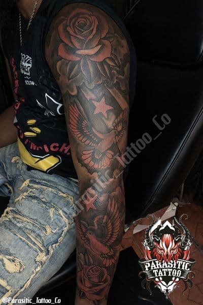 Black & Grey + Color roses tattoo on Full Sleeve by Parasitic_Tattoo_Co. on TattMe