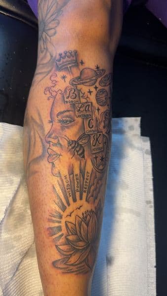 Black & Grey + Illustrative woman tattoo on Calf by the_goat_images_ on TattMe