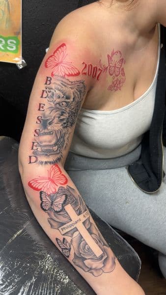 Black & Grey + Color tiger tattoo on Half Sleeve by the_goat_images_ on TattMe