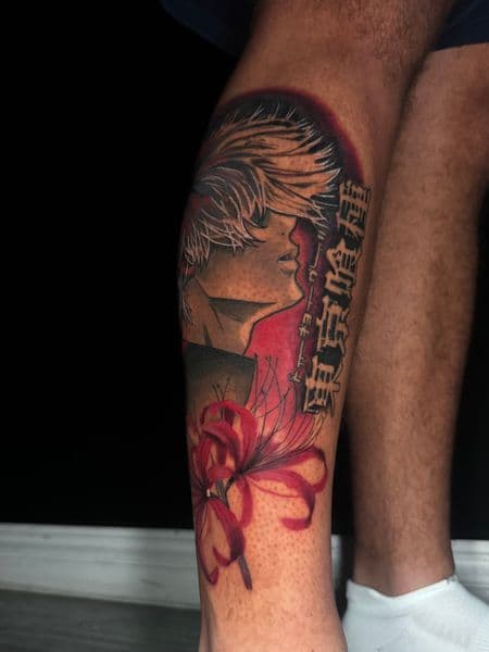 Anime + Illustrative anime character tattoo on Calf by rhaeology on TattMe