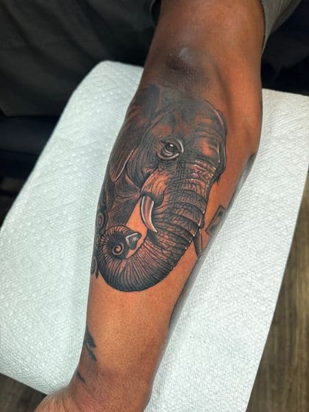 Black & Grey + Illustrative elephant tattoo on Forearm by rhaeology on TattMe