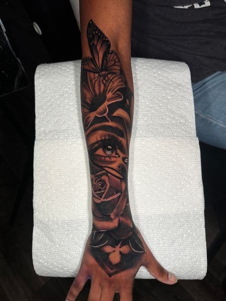 Black & Grey + Realism butterfly tattoo on Forearm by rhaeology on TattMe