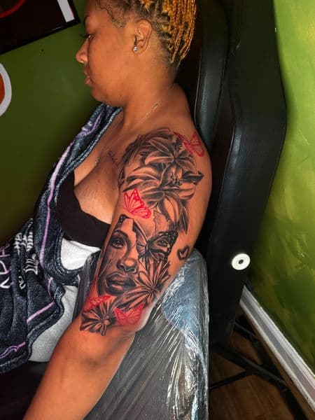 Black & Grey + Color woman tattoo on Half Sleeve by INKBYKIMCHI on TattMe