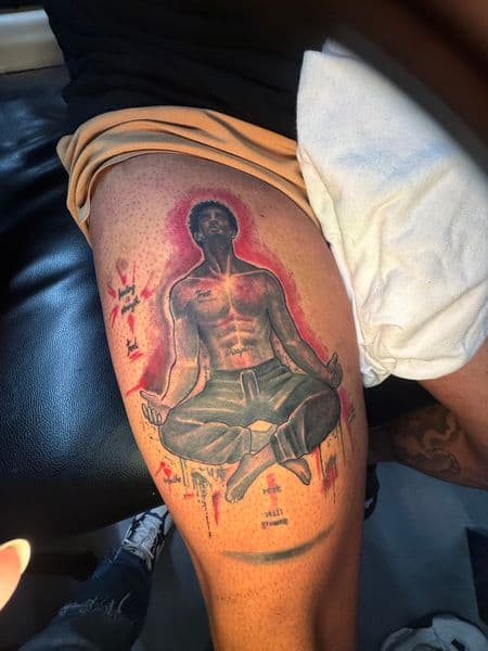 Black & Grey + Watercolor meditation tattoo on Thigh by INKBYKIMCHI on TattMe