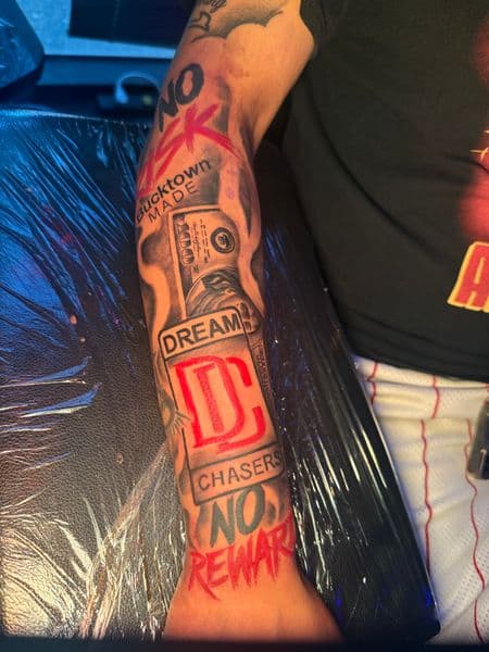 Black & Grey + Lettering dollar bill tattoo on Forearm by INKBYKIMCHI on TattMe