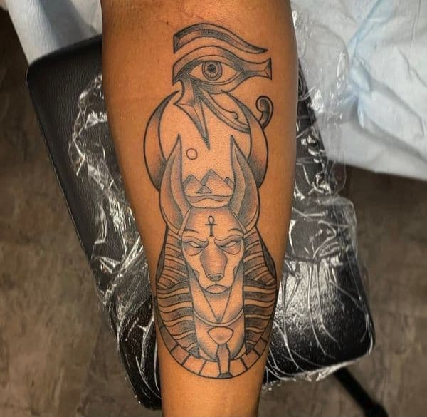 Black & Grey + Illustrative anubis tattoo on Calf by jahnovatattoo on TattMe