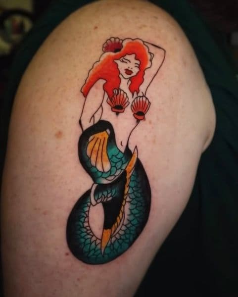 American Traditional + Traditional mermaid tattoo on Upper Arm by jahnovatattoo on TattMe