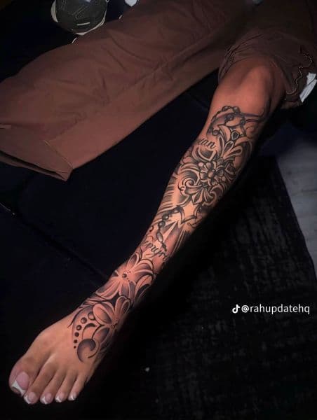 Black & Grey + Floral flowers tattoo on Calf by sydneysmithtattoo on TattMe