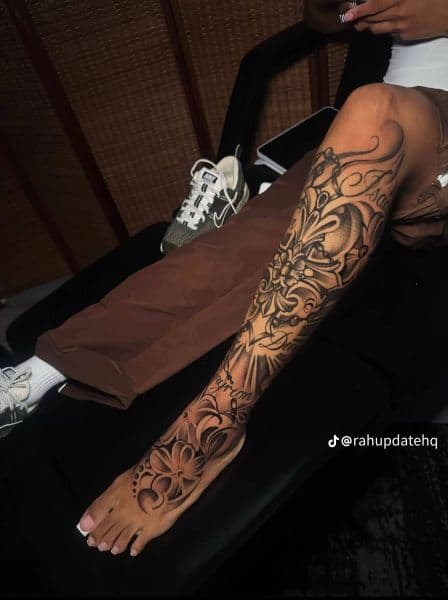 Black & Grey + Floral flowers tattoo on Shin by sydneysmithtattoo on TattMe