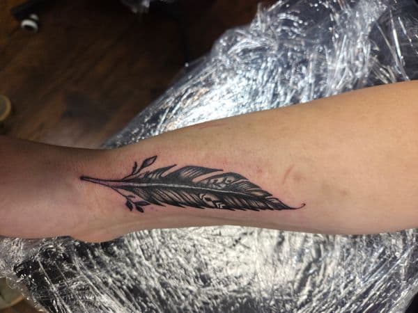 Black & Grey + Illustrative feather tattoo on Ankle by brent_holbrook_ on TattMe
