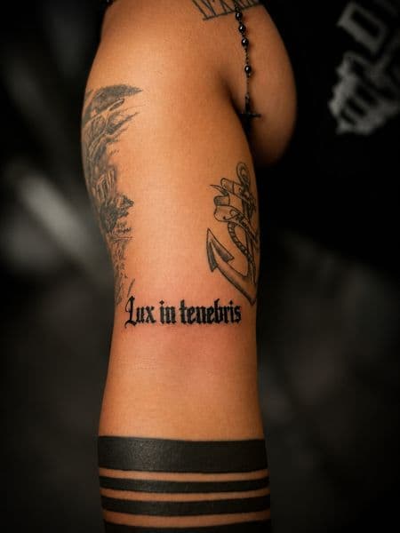 Lettering + Black-work lettering tattoo on Upper Arm by tattedby_A on TattMe