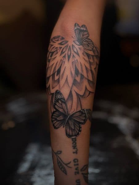 Black & Grey + Dot-work butterflies tattoo on Forearm by tattedby_A on TattMe
