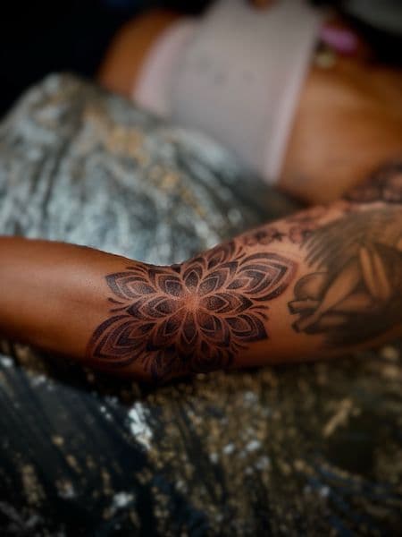 Dot-work + Geometric mandala tattoo on Elbow by tattedby_A on TattMe