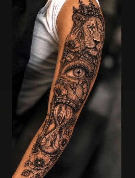 Black & Grey + Realism lion tattoo on Full Sleeve by tattedby_A on TattMe