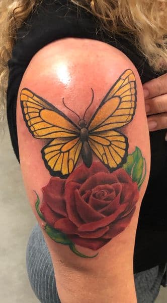 Color + Illustrative butterfly tattoo on Upper Arm by l_allen_tattoos on TattMe