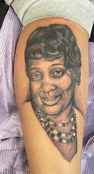 Portrait + Black & Grey portrait tattoo on Calf by l_allen_tattoos on TattMe