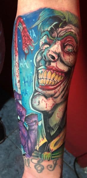 Illustrative + Color joker tattoo on Forearm by l_allen_tattoos on TattMe