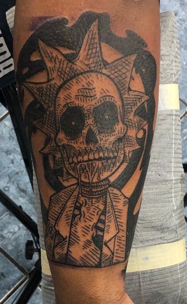 Black-work + Illustrative skull tattoo on Forearm by l_allen_tattoos on TattMe